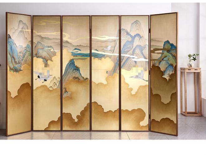 万蔻轻奢品牌现代中式千里江山图手绘金箔画折叠屏风隔断酒店办公室