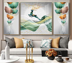 新中式金箔画抽象意境发财树客厅三联装饰画图片下载