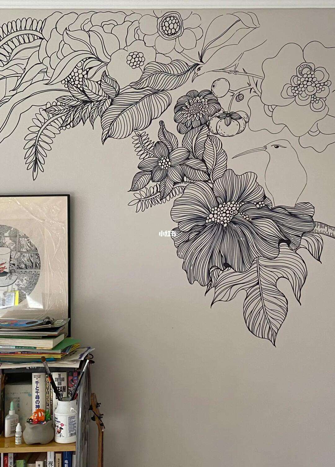 画墙. 花卉线描 植物花卉画墙装饰画 手绘墙